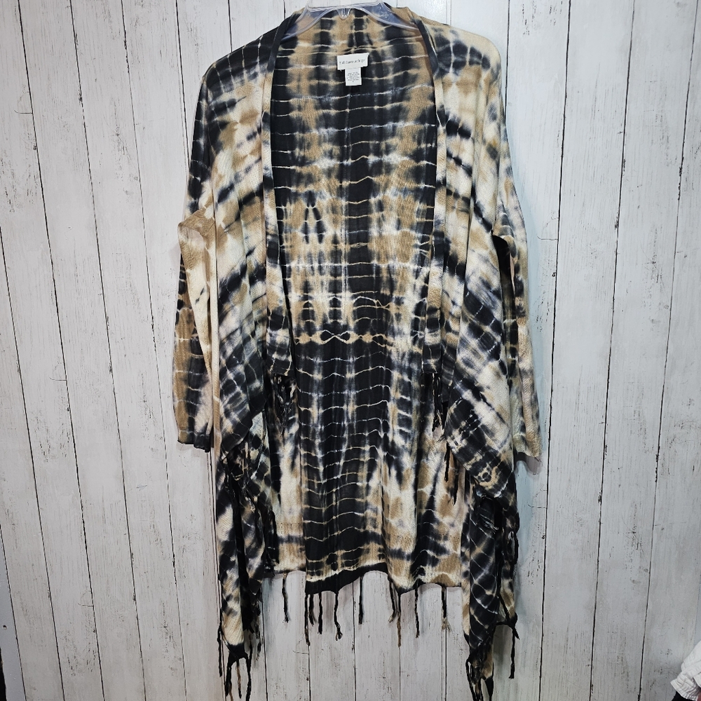 Soft Surrounding Women's Tan Black Tie Dye Fringe Drape Cardigan Size Medium. - Picture 3 of 10